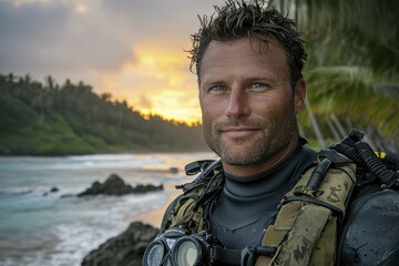 Fototapeta premium Portrait of a Scuba Diver Against a Sunset Beach Background