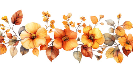Watercolor Autumn Leaves and Flowers Border with Transparent Background