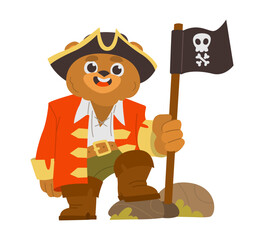 Cartoon pirate bear holding skull flag