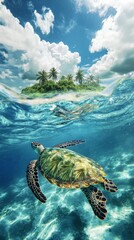 Obraz premium Sea turtle swimming in turquoise water near tropical island