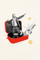 Composite collage picture image of funny old pensioner vinyl record listen music discotheque...
