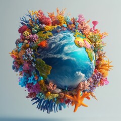 A vibrant 3D globe surrounded by colorful aquatic elements, symbolizing global conservation efforts, isolated against a neutral background