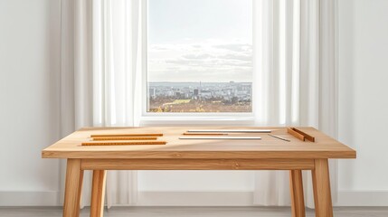 Fototapeta premium Drafting desk by a window, tools and rulers neatly placed, sunlight filtering in through sheer curtains