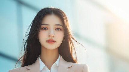 Obraz premium confident woman in light colored suit stands against softly blurred background, exuding professionalism and poise. Her long hair flows gently, capturing warm sunlight.