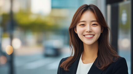 Fototapeta premium young woman with long hair smiles confidently in urban setting, showcasing professional demeanor. background features blurred cityscape, adding vibrant atmosphere.