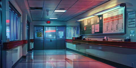 Nurse's Station Wall: Covered in patient care guidelines, shift schedules, and a board with nursing protocols.