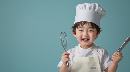 A small boy dressed in a white chef's uniform holds a whisk and smiles joyfully, embodying the excitement of cooking. The soft background creates an inviting atmosphere for culinary creativity