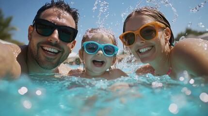 Naklejka premium Happy Family Splashing in Pool