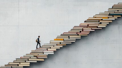 Learning Through Action: A figure walking up a set of stairs made from books, each step they take causes the books to open, symbolizing learning and self-improvement through action