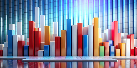 Obraz premium Dynamic 3D Data Visualization of Abstract Election Results with Colorful Bars and Shapes, Captivating Camera Flight Revealing Intricate Patterns in Photo Stock Concept