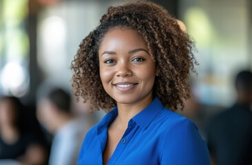 Naklejka premium Portrait of a Confident Woman Smiling in Business Attire in a Modern Workspace