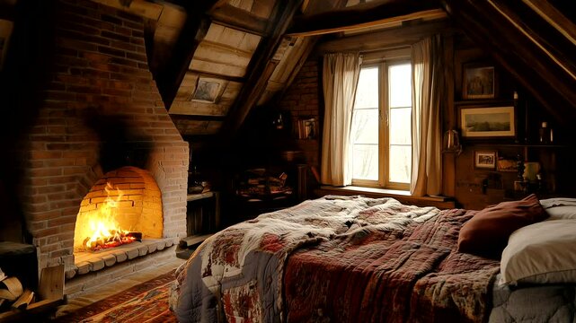 Rustic attic bedroom with brick fireplace and warm quilt creating a cozy retreat. Seamless looping time-lapse animation video background