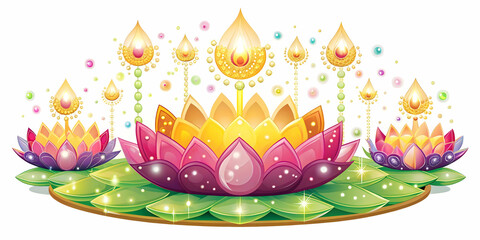Obraz premium Flat Loy Krathong Vector Illustration with Floating Gems - Sparkling Festive Design Isolated on White Background for Creative Projects