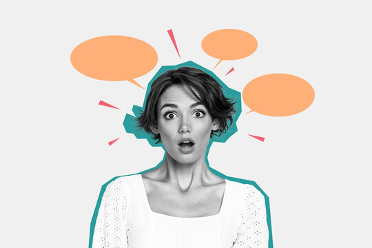 Composite trend artwork sketch image photo collage of empty space silhouette young lady shocked face emoji portrait talk speech cloud bulb - Powered by Adobe