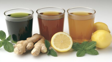 Fototapeta premium Experience a delightful blend of Asian herbal tea featuring ginger, lemon, and fresh mint, elegantly served in a traditional glass cup with honey on a light concrete table