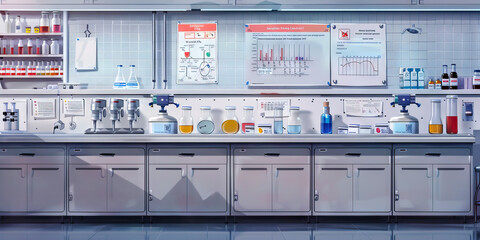 Laboratory Wall: Displaying lab safety guidelines, test result charts, and a board with lab procedure reminders