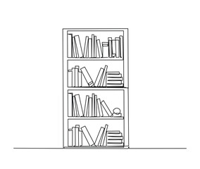 Continuous one line drawing of library bookshelf furniture. Bookcases with books simple line art vector design.