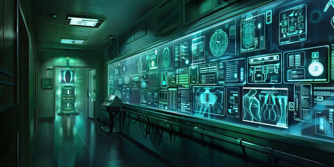 Radiology Department Wall: Covered in imaging technology diagrams, radiation safety protocols, and a board with imaging schedules