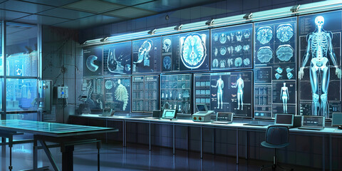 Radiology Department Wall: Covered in imaging technology diagrams, radiation safety protocols, and a board with imaging schedules