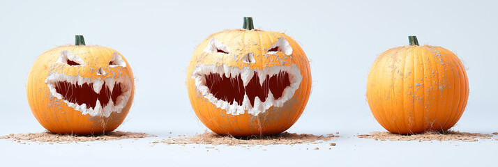Rough Grunge Jack-o-Lantern Pumpkins, Dark Scary Funny Halloween Background. Mysterious, Spooky, Surreal, Eerie Traditional Party Decoration. Trendy 3D Render Cartoon, Realistic Textures, Dark Neon
