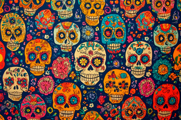 day of the dead background with colorful skulls pattern