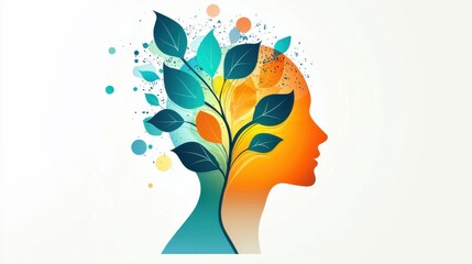 Mind in Bloom: A human head with a plant growing from within, the plant, leaves forming abstract symbols of creativity and learning