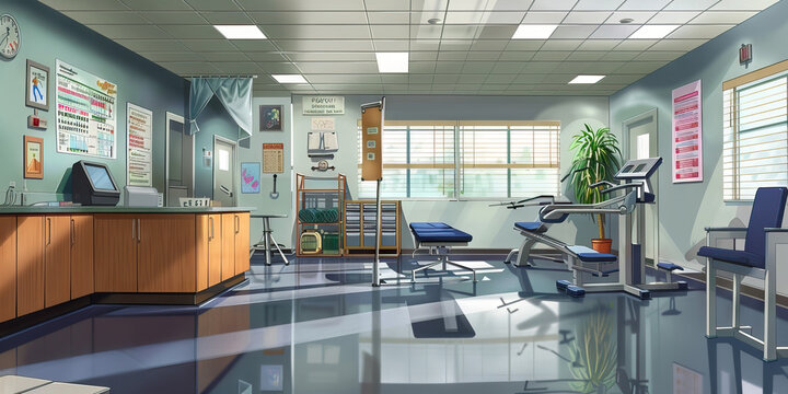 Physical Therapy Room Wall: Featuring exercise demonstration posters, rehabilitation plans, and a board with patient progress notes