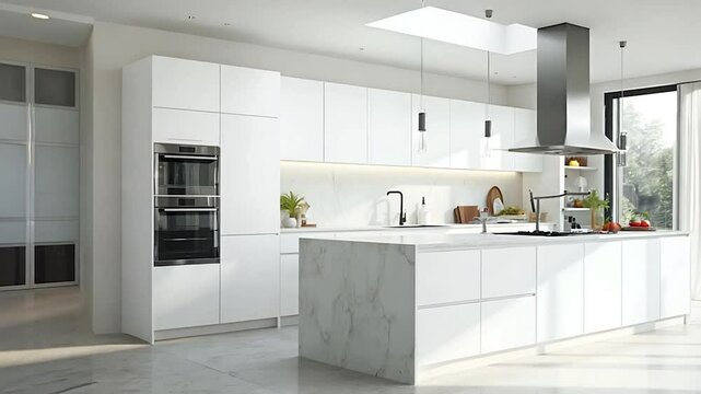 Modern White Kitchen with Marble Island, Sleek Appliances, and Skylight
