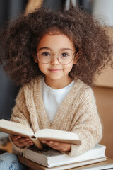 A young child with curly hair and glasses enjoys reading a book at home on a cozy afternoon