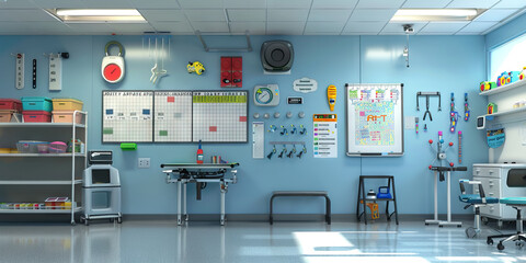 Occupational Therapy Room Wall: Displaying adaptive equipment catalogs, occupational therapy goals, and a board with therapy session schedules