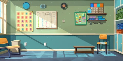 Occupational Therapy Room Wall: Displaying adaptive equipment catalogs, occupational therapy goals, and a board with therapy session schedules