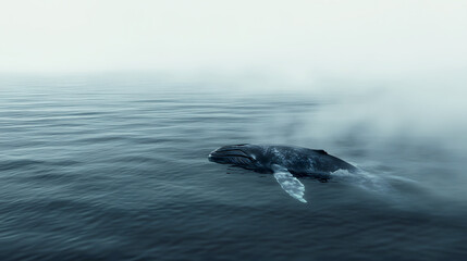 Obraz premium Gray Whale Gracefully Swims Through Misty Ocean Waters