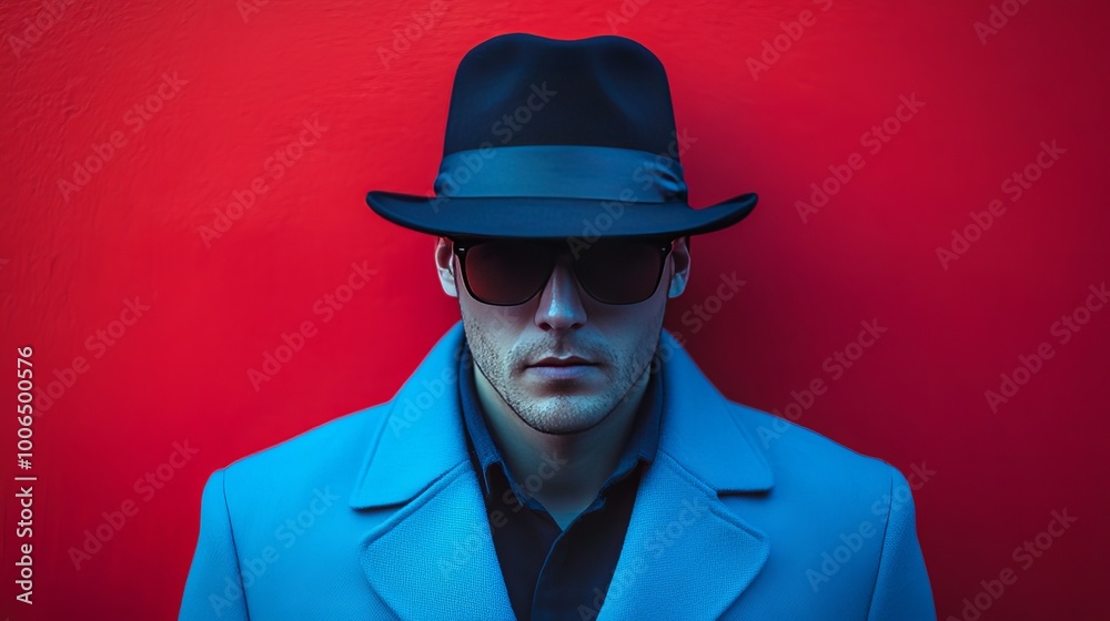 Poster A man wearing a black hat and sunglasses stands in front of a red wall