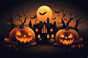 Enchanting Halloween Scene with Pumpkins and a Haunted House Under the Full Moon