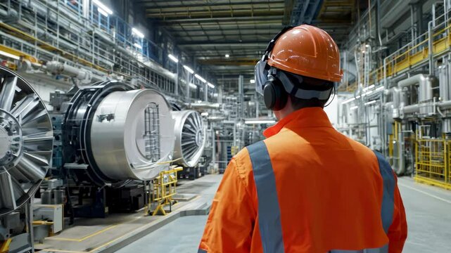 Plant worker or engineer in hard hat orange safety helmet walking along hall with jet engines next to close up
