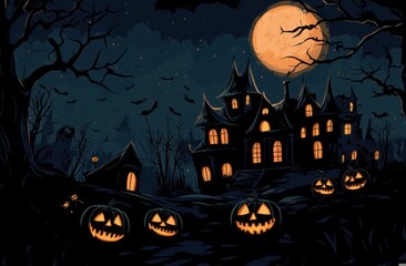 Spooky Halloween Scene with Haunted House, Jack-o'-Lanterns, and Full Moon