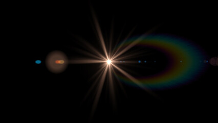 A bright spike ball light source creating a starbust effect with colorful bokeh lights, rainbow iris and hoop effects. Abstract background. Copy space, space for text. 