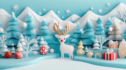 Obraz premium A whimsical winter wonderland featuring a cheerful reindeer among colorful gifts and snowy mountains during the holiday season