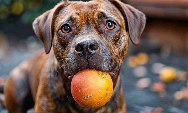 A curious dog with a beautiful brindle coat joyfully carries a bright apple between its teeth, surrounded by vibrant fall foliage and warm, earthy tones