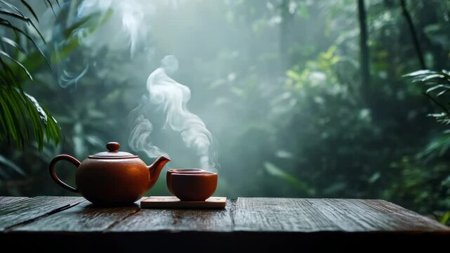 Beautiful background of steaming cups and a kettle with tea on a wooden table on a beautiful background of green leaves slightly blurred background with space for text
