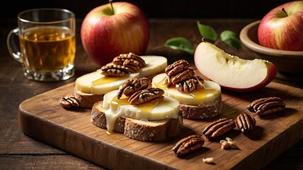 Crostini appetizers with red apples, brie cheese and walnuts. Side view table scene with a dark background. Party food concept.