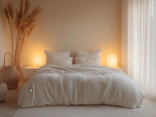 Minimalist bedroom setup with soft lighting, clean lines, neutral tones, sleek furniture, cozy atmosphere, realism