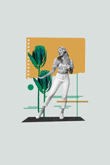 Composite trend artwork sketch photo collage of green leaves flower spring season nature outdoors monochrome lady listen music headphones