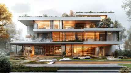 Modern architectural design featuring a spacious, glass-fronted home.