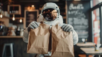 Astronaut holding two paper bags mockup in cafe. Cosmonaut spacesuit gloves paperbags template advertising image. Surreal everyday life. Food delivery mock up product photorealistic
