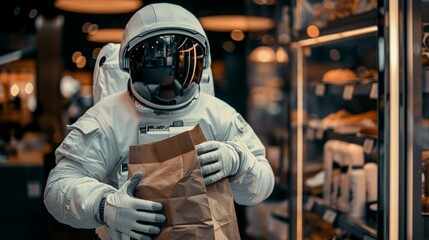 Astronaut collecting paper bag mockup at bakery food display. Space traveler holding pastry pickup template advertising image. Sci-fi grocery shopping mock up product photorealistic