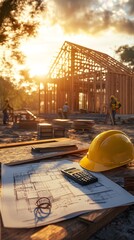 A photo of construction plans, blueprints, and building materials with an unfinished house in the background
