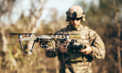 Fototapeta premium Military operator in camouflage uniform and helmet controlling drone with remote control. Drone in flight ready for exploaring combat intelligence data. Modern military technology in action concept