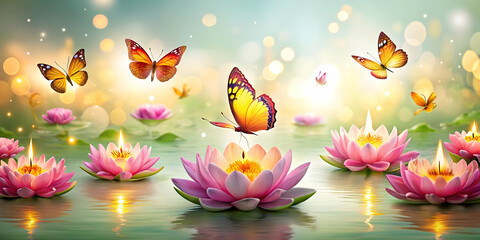 Enchanting Loy Krathong Festival with Glowing Butterflies and Lotus Flowers: A Magical Representation of Thai Culture on White Background