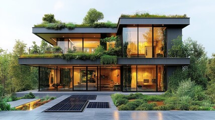 Modern eco-friendly house surrounded by lush greenery and gardens.